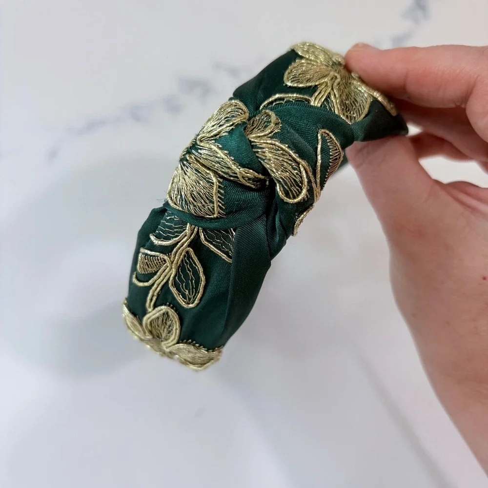 Emerald Green Satin Top Knot Headband Gold Floral Metallic‎ Embroidery Wide Hair